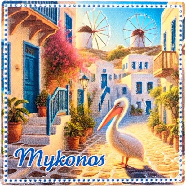MAGNET SQUARE PELECAN AND LOCAL STREET MYKONOS  7,5Χ7,5CM